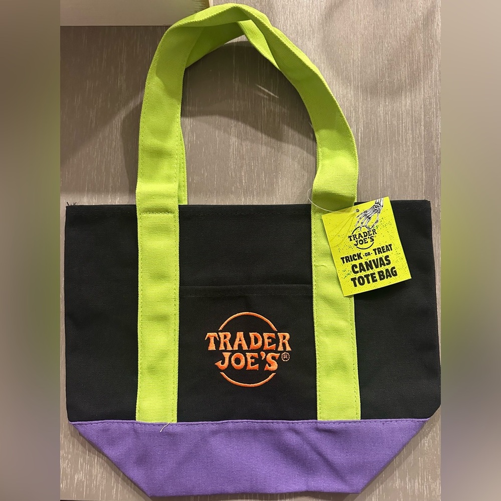 Trader Joe's Black and Purple Canvas Tote Bag